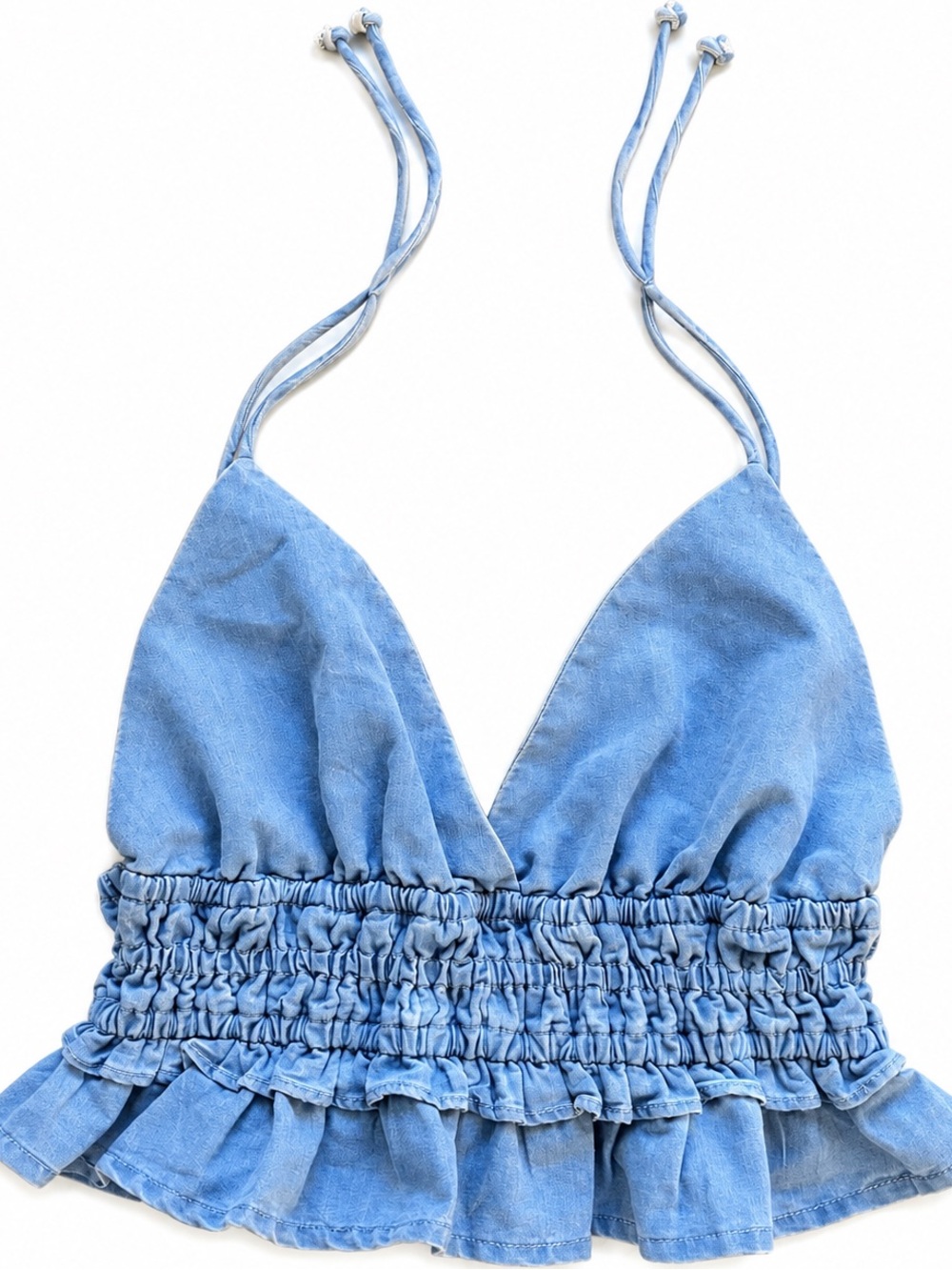 SIM & SAM Smocked Denim Jean V-Neck Spaghetti Strap Shoulder Tie Crop Top